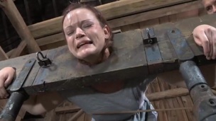 Shocking prod on bounded chick's mounds and hairless cunt