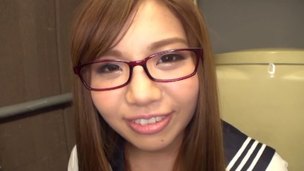 Oriental lady with glasses craves to feast on a lucky man's prick