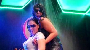 Splendid honeys dancing and getting naked at a party
