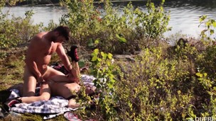2 attractive juvenile babes share a throbbing stick underneath the sexy sun