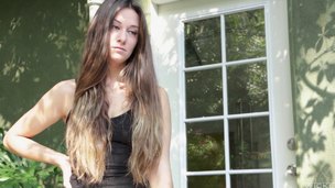 Alluring lengthy hair babe with natural tits giving penis blowjob