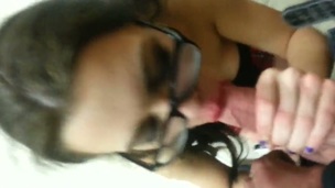 Sweet slender angel in glasses provided my buddy with a perfect blowjob