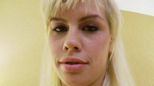 Flamboyant blond honey impales herself on the guy's meat pole