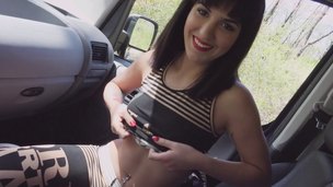 In his car ramming rod into a cute dark brown chick