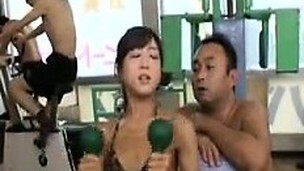 Asian hottie works out in her leopard bikini and acquires grope