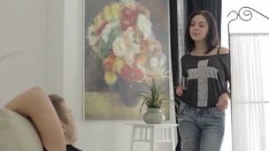 Miniature gal Marsha enjoys blowing and riding on a pulsating member