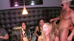 Non-professional party girls cut loose and engulf on stripper cock at the club