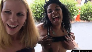 Beauties convinced to flash their tits in ice cream parlor