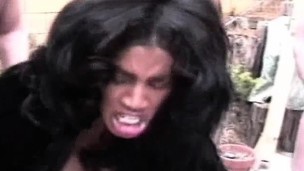 Breasty swarthy hottie gobbles up multiple cocks and gets hammered