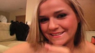 Desirable blonde teen Mckenzee drops to her knees and strokes a wang