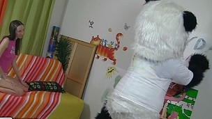 Panda bear`s got as a result many talents! Did u know that this chab`s a good painter? This Guy and his busty teenage ally were having joy drawing pictutes, but eventually the horny bear wrote `Panda want to fuck`. The nasty cutie took the hint and went for real sex play with her importantly loved toy. Panda`s massive vibrator dong was ready for a unfathomable penetration, and the pair plunged into joy fucking right on the floor. Watch the insatiable legal age teenager hottie being drilled in as a result many poses by a cute fluffy panda bear!..