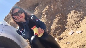 Lustful legal age teenager in sunglasses getting screwed doggy position in the mountains