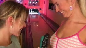 Women at a bowling alley party have hot sex on the hardwood floor