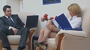 Steamy co-workers spicing up their hard working day with pantyhose fucking