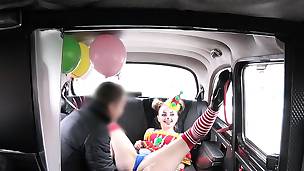 Clown honey blasts and nails in fake taxi